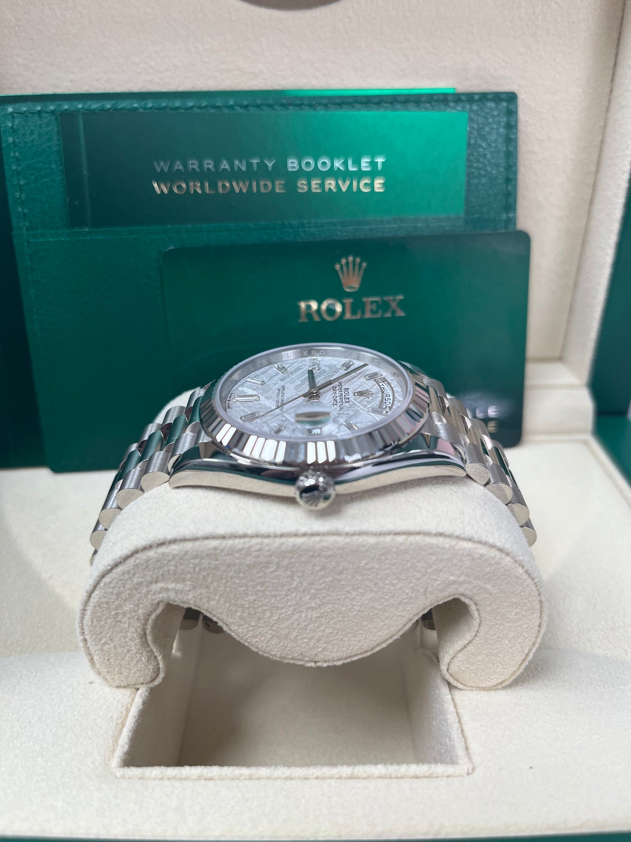 Rolex Day-Date 40mm Meteorite Baguette Dial White Gold Fluted Bezel Reference # 228239