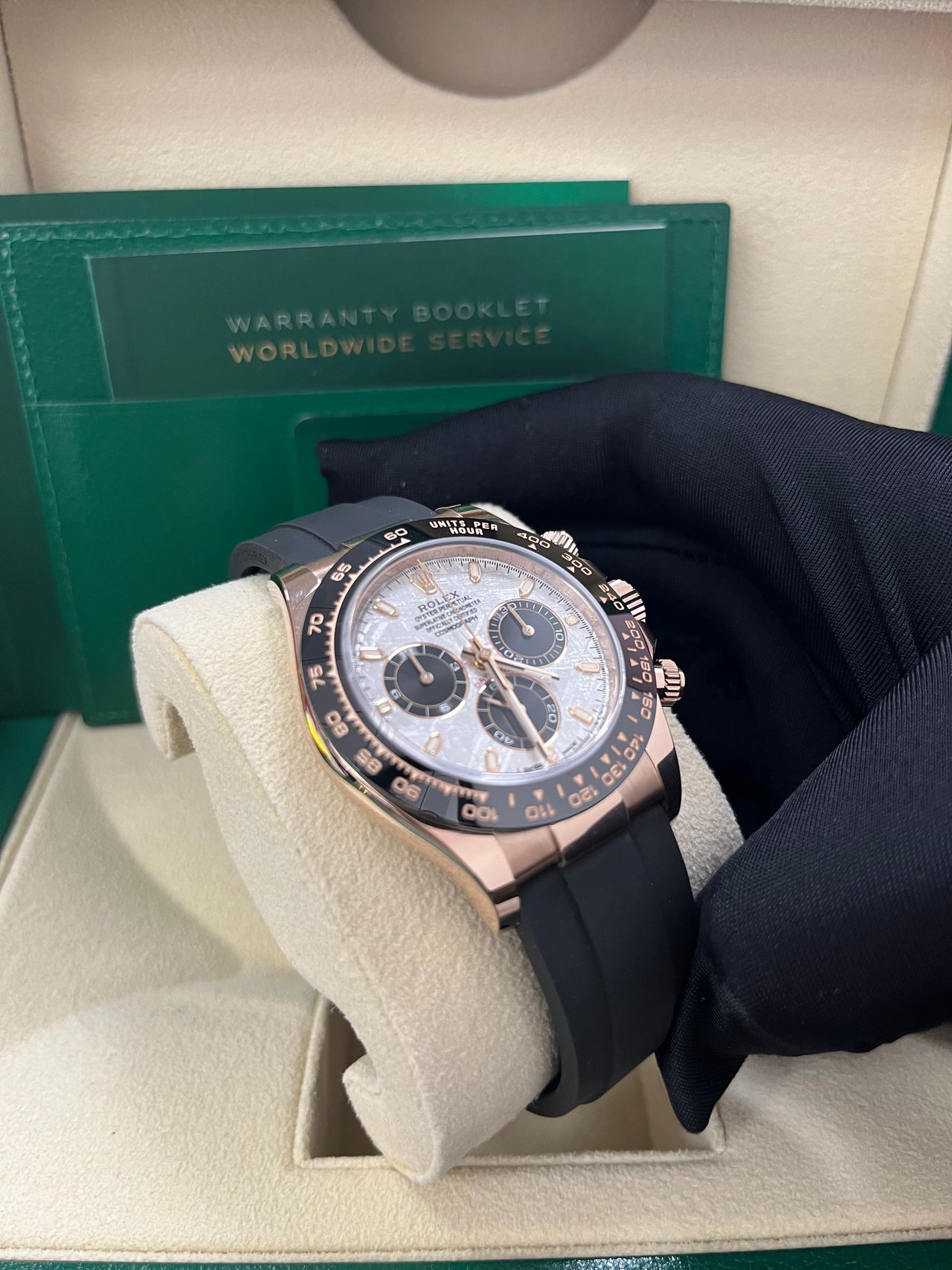 Rolex Daytona Everose Gold Cosmograph Daytona 40 Watch Meteorite Black Index Dial Oysterflex 116515ln