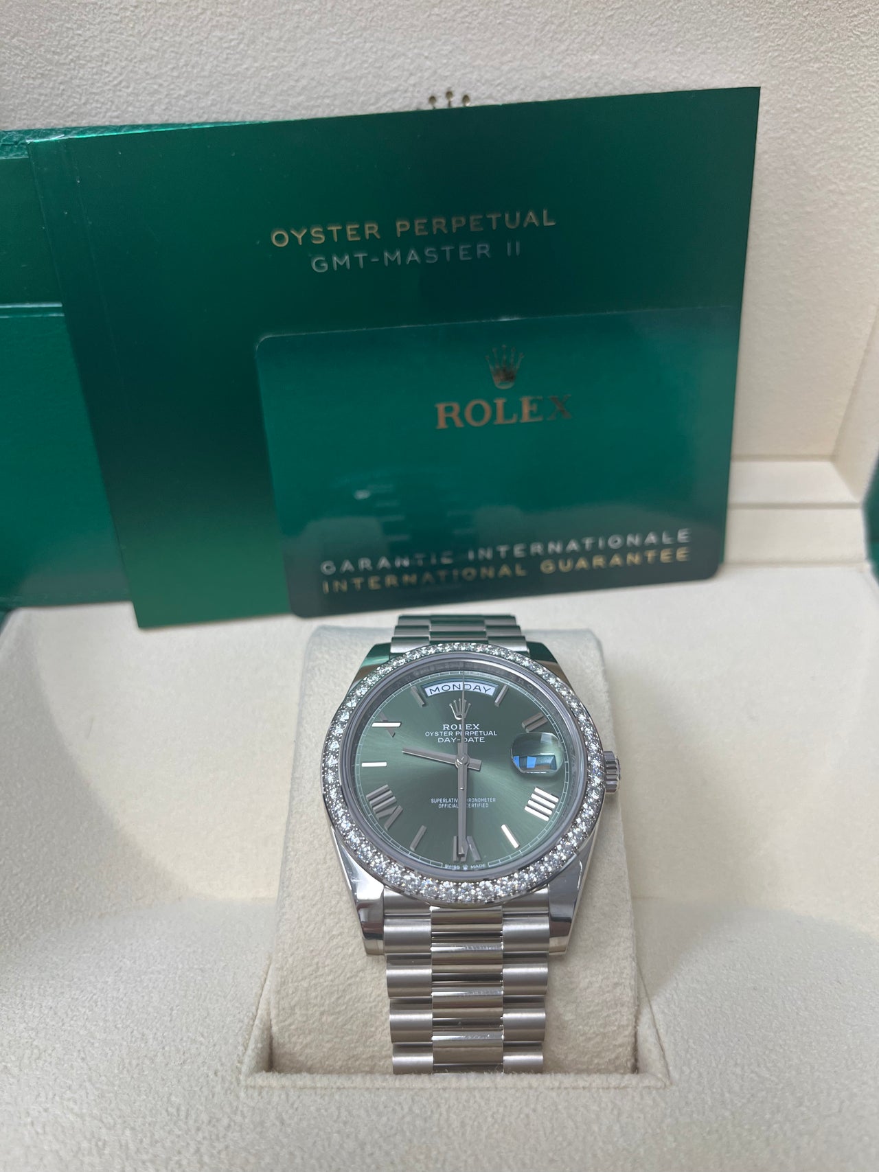 Rolex White Gold Day-Date 40 Watch - Bezel - Olive Green Bevelled Roman Dial - President Bracelet (Ref# 228349RBR)