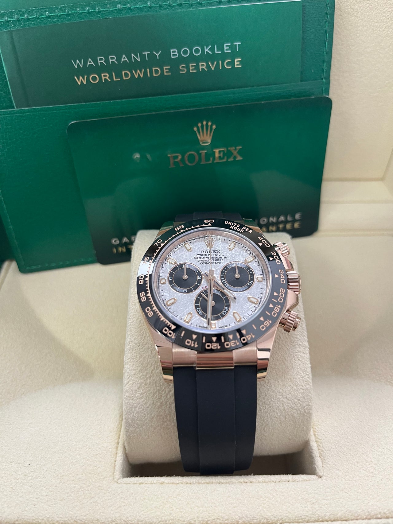 Rolex Daytona Everose Gold Cosmograph Daytona 40 Watch Meteorite Black Index Dial Oysterflex 116515ln