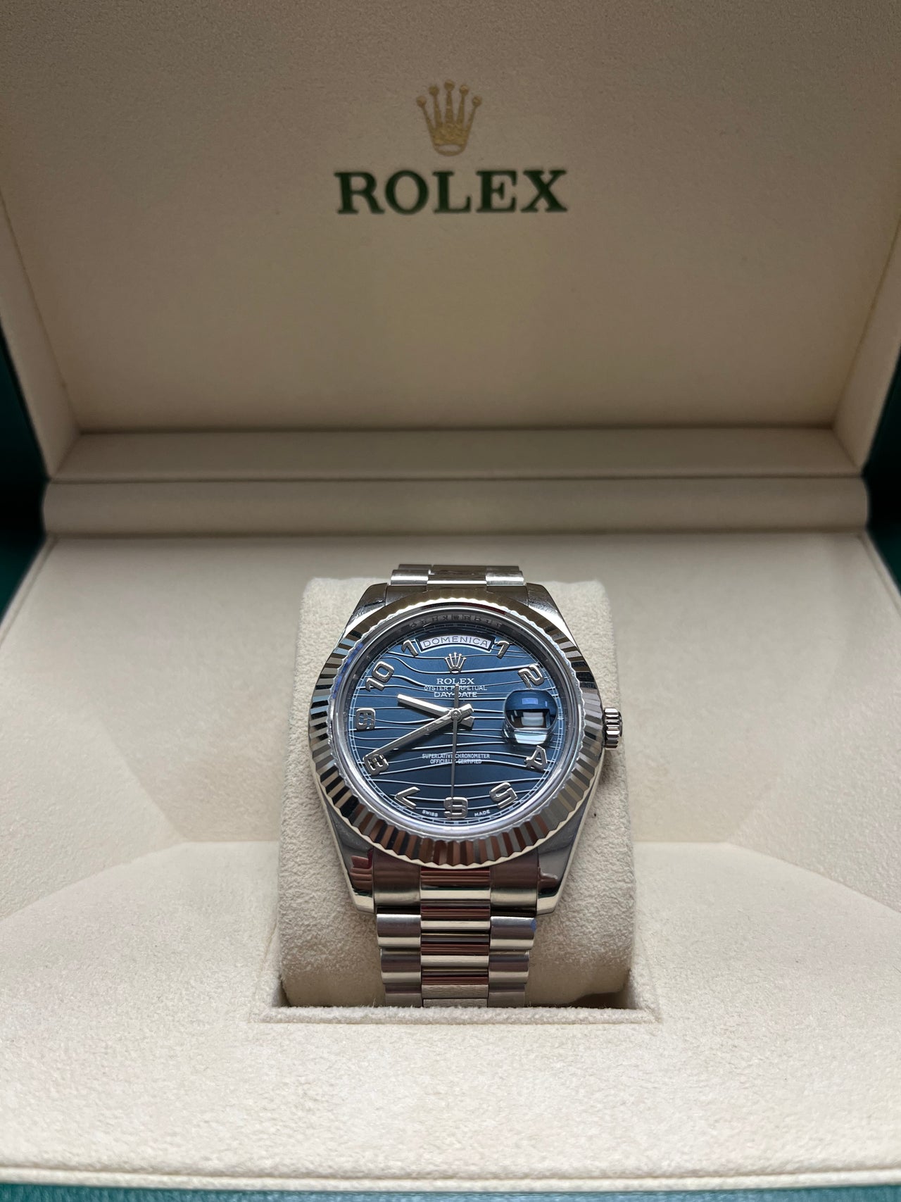 Rolex Day-Date II 18kt White Gold Rolex President Blue Wave Dial Watch (Ref 218239BLWAP)