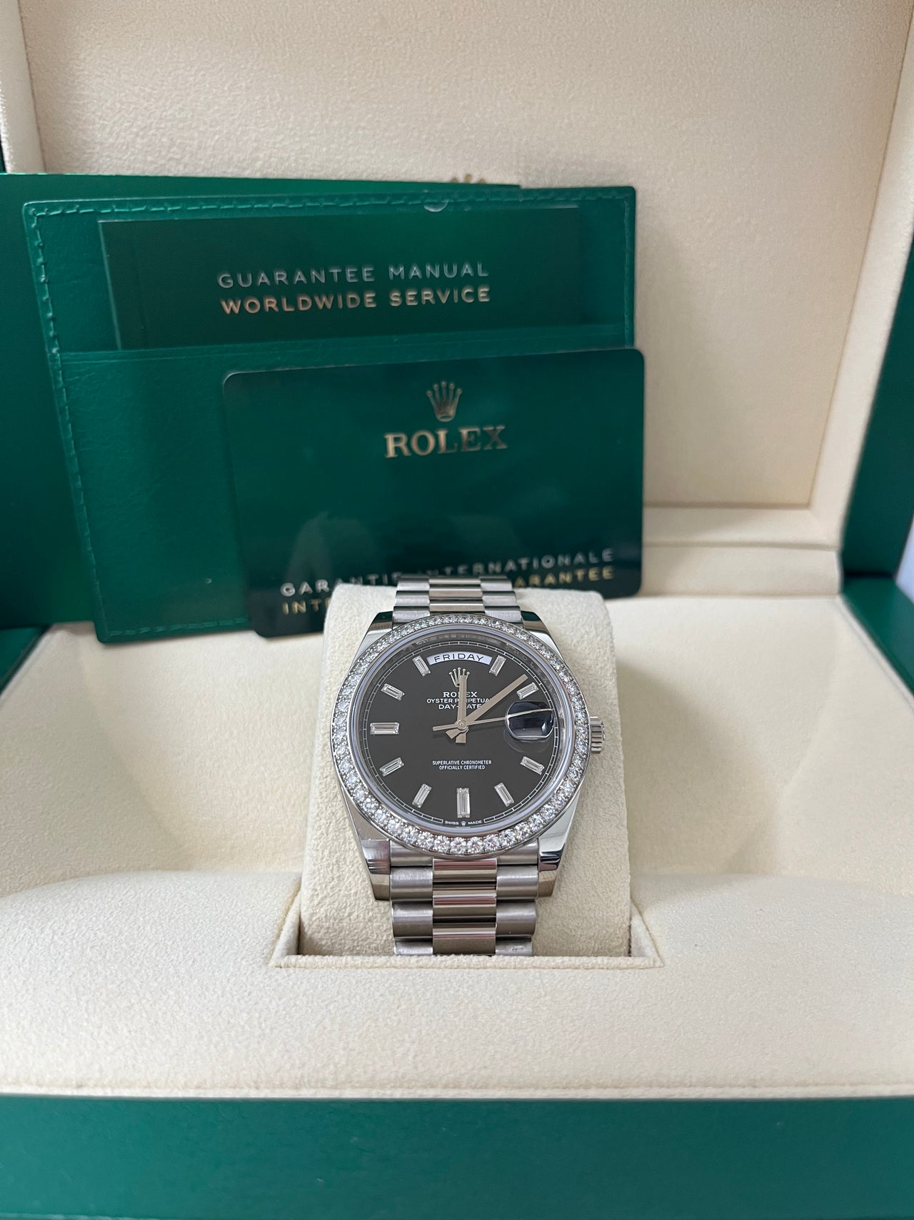 Rolex Day-Date 40 White Gold Day-Date 40 Watch - White Gold Bezel - Black Baguette Diamond Dial 228349RBR