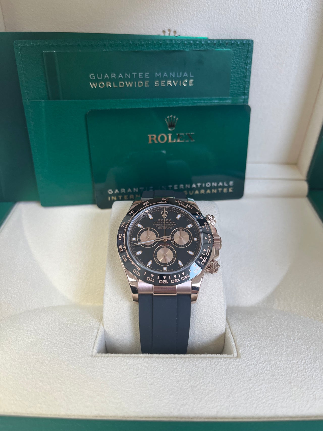 Rolex Rose Gold Daytona 40 Watch - Black Index Dial - Black Oysterflex Strap Reference Reference #116515ln