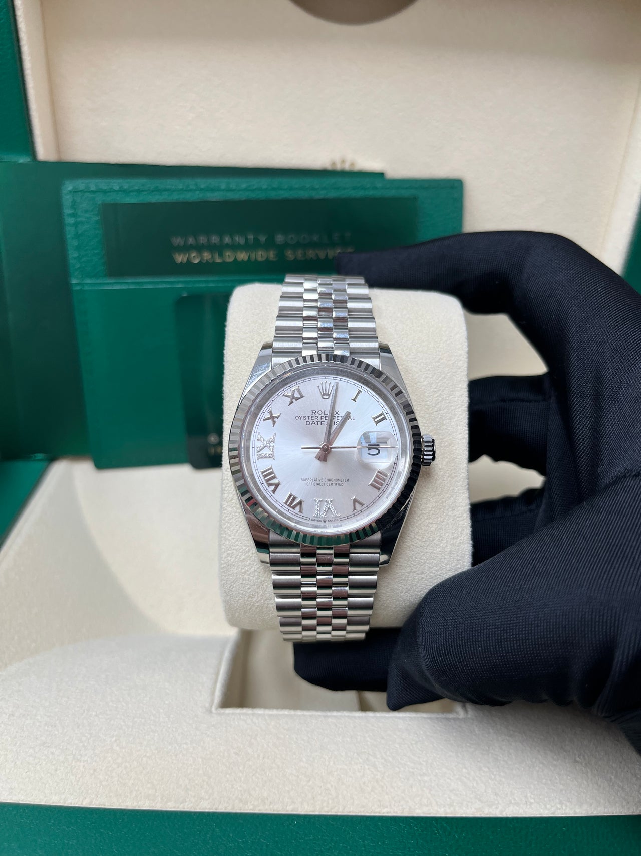 Rolex Datejust 36 Steel Datejust 36mm Fluted Bezel Silver Diamond Roman VI and IX Dial Jubilee 126234