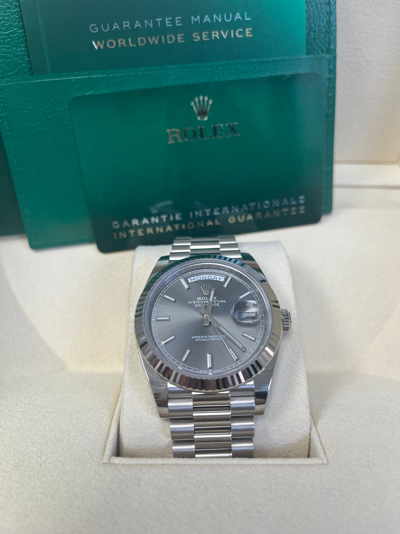 Rolex Day-Date 40 White Gold - Slate Dial - Fluted Bezel - President Bracelet (Ref: 228239)