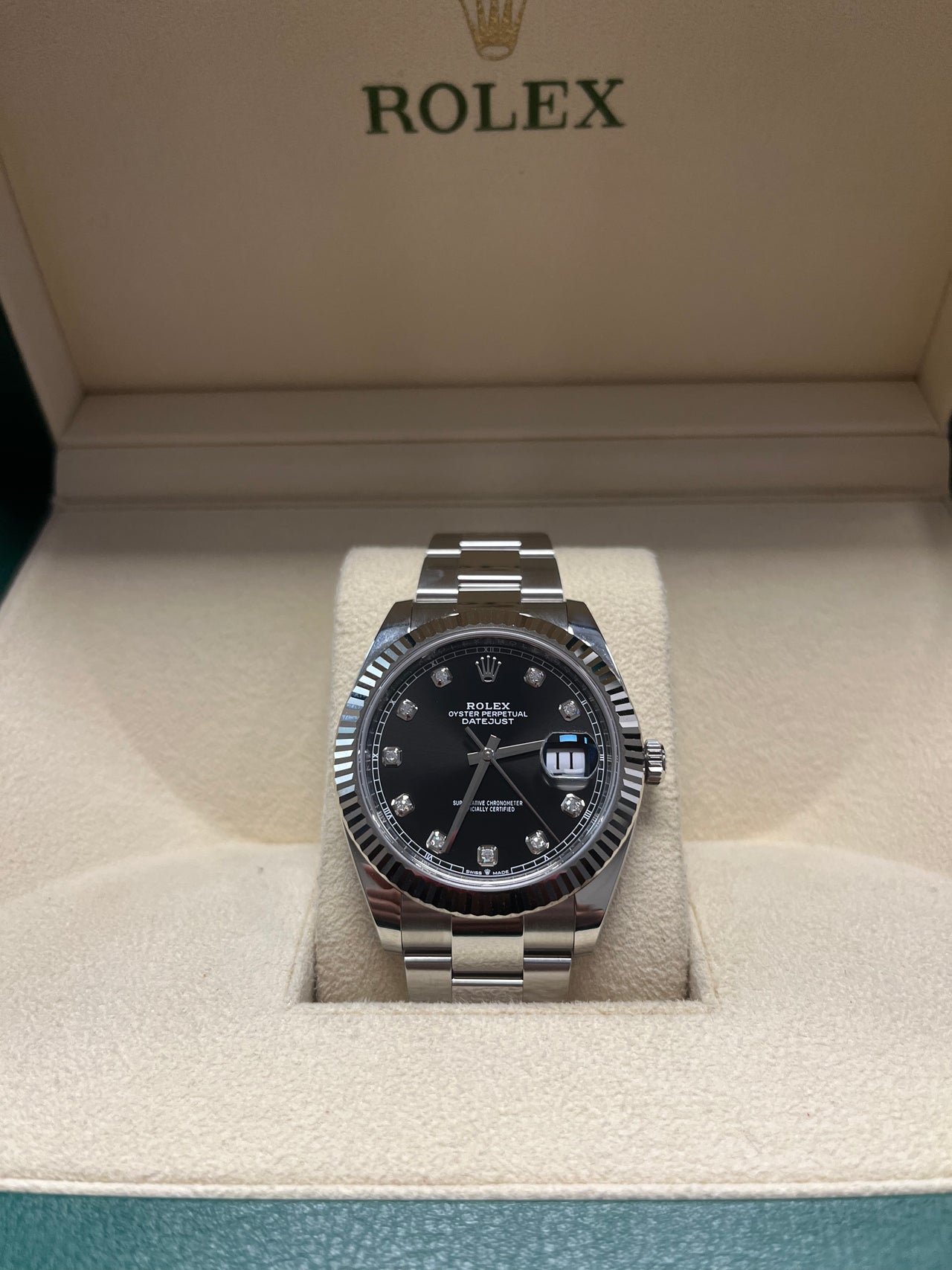 Rolex Steel and White Gold Rolesor Datejust 41 Watch - Fluted Bezel - Black Diamond Dial - Oyster Bracelet 126334