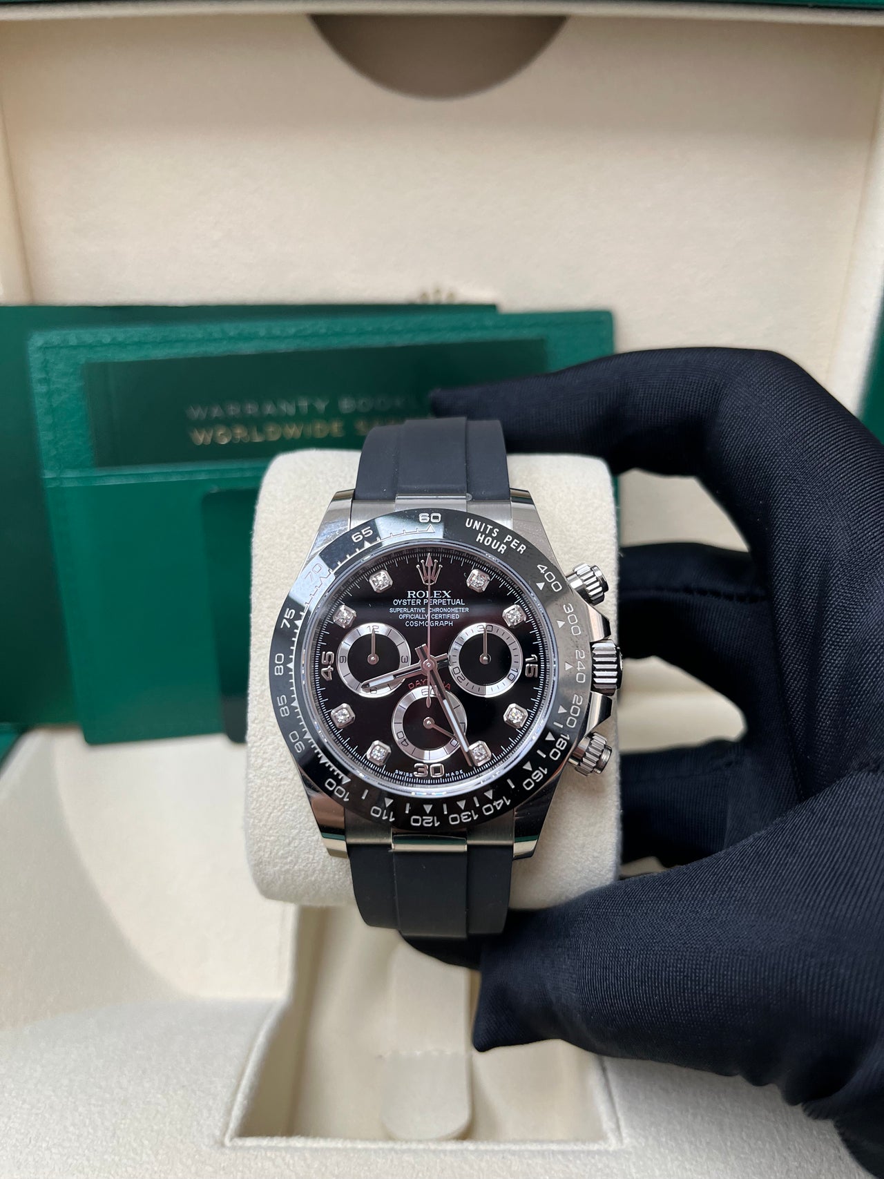 Rolex Daytona Cosmograph Daytona White Gold 40mm Oysterflex Band Black Diamond Dial - 116519LN