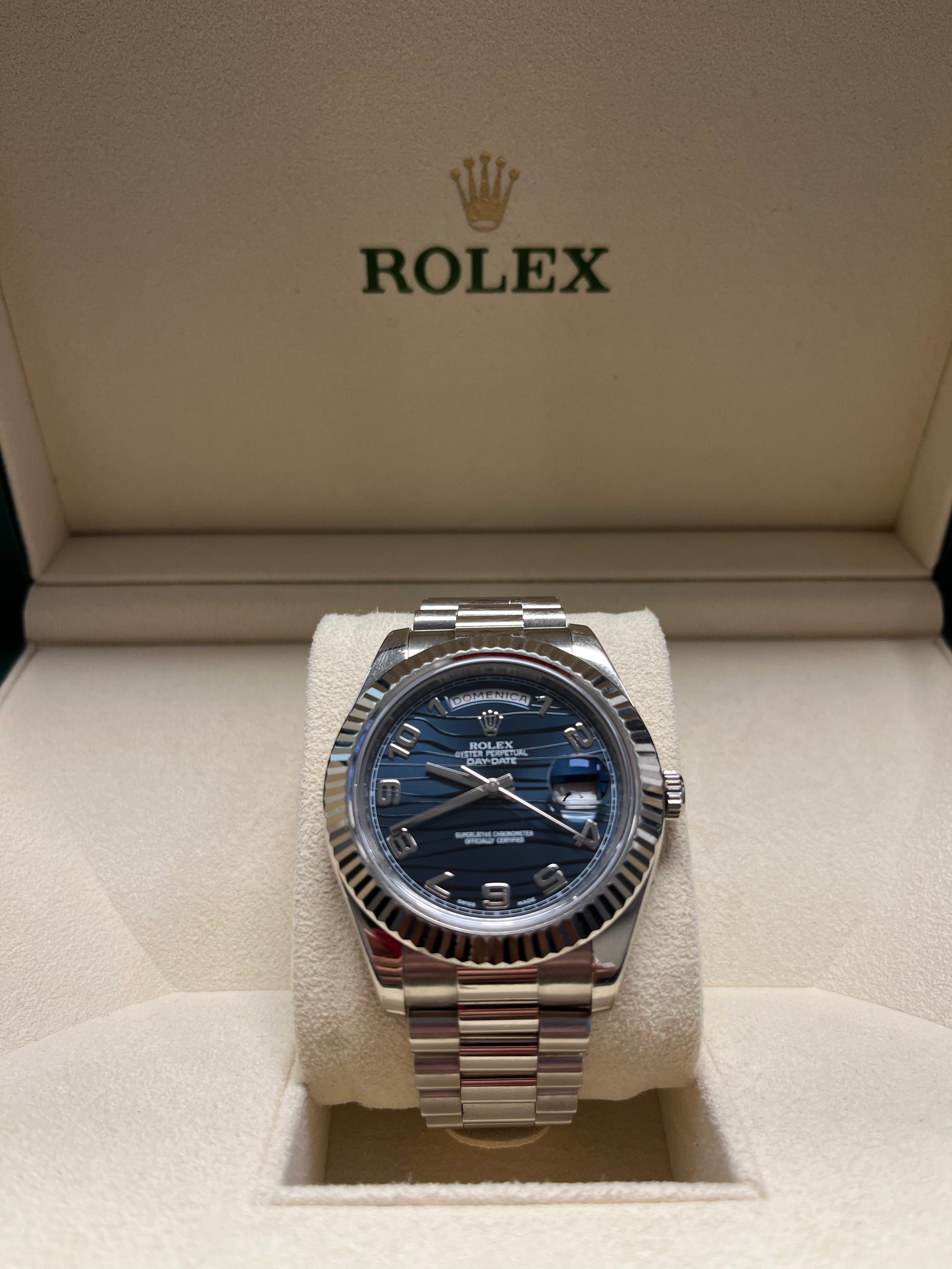 Rolex Day-Date II 18kt White Gold Rolex President Blue Wave Dial Watch (Ref 218239BLWAP)