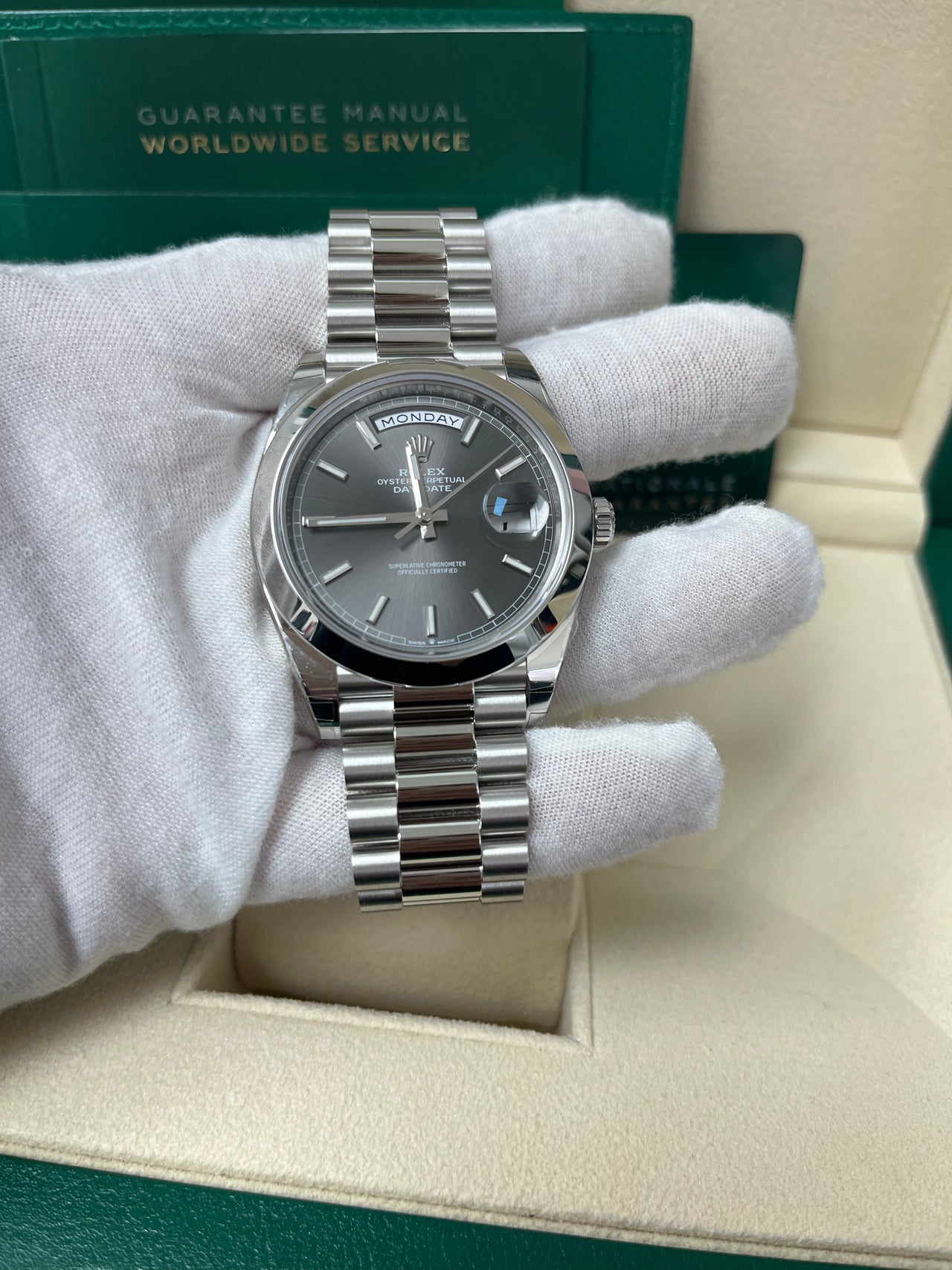 Rolex Day-Date 40mm Platinum/ Grey Dial Smooth Bezel Index Dial (Reference 228206)