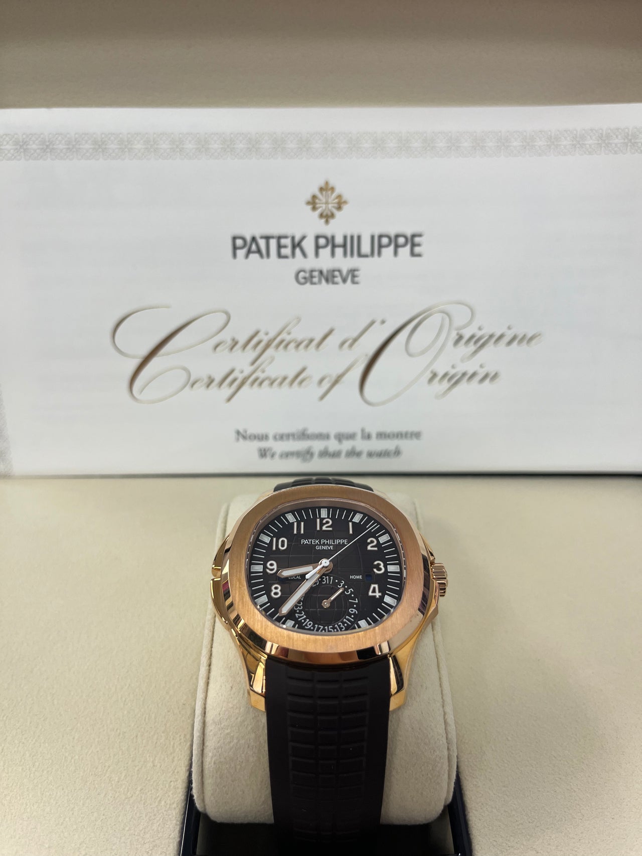 Patek Philippe Aquanaut Time Travel/ Rose Gold/ Chocolate Dial (Ref#5164R/001)