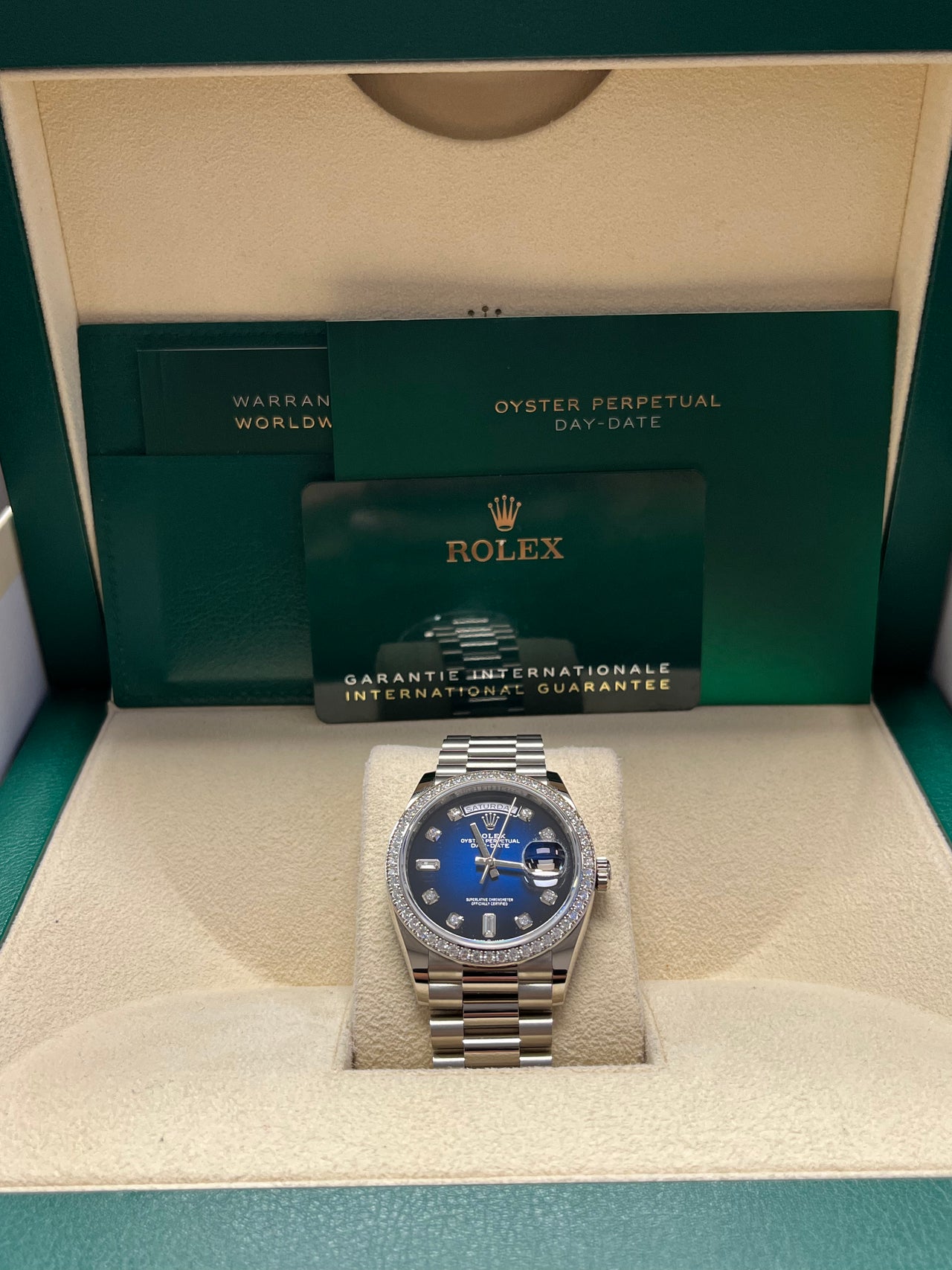 Rolex Day-Date 36/ Blue Ombre Dial/ Diamond Bezel/ White Gold President Bracelet (Ref # 128349RBR)