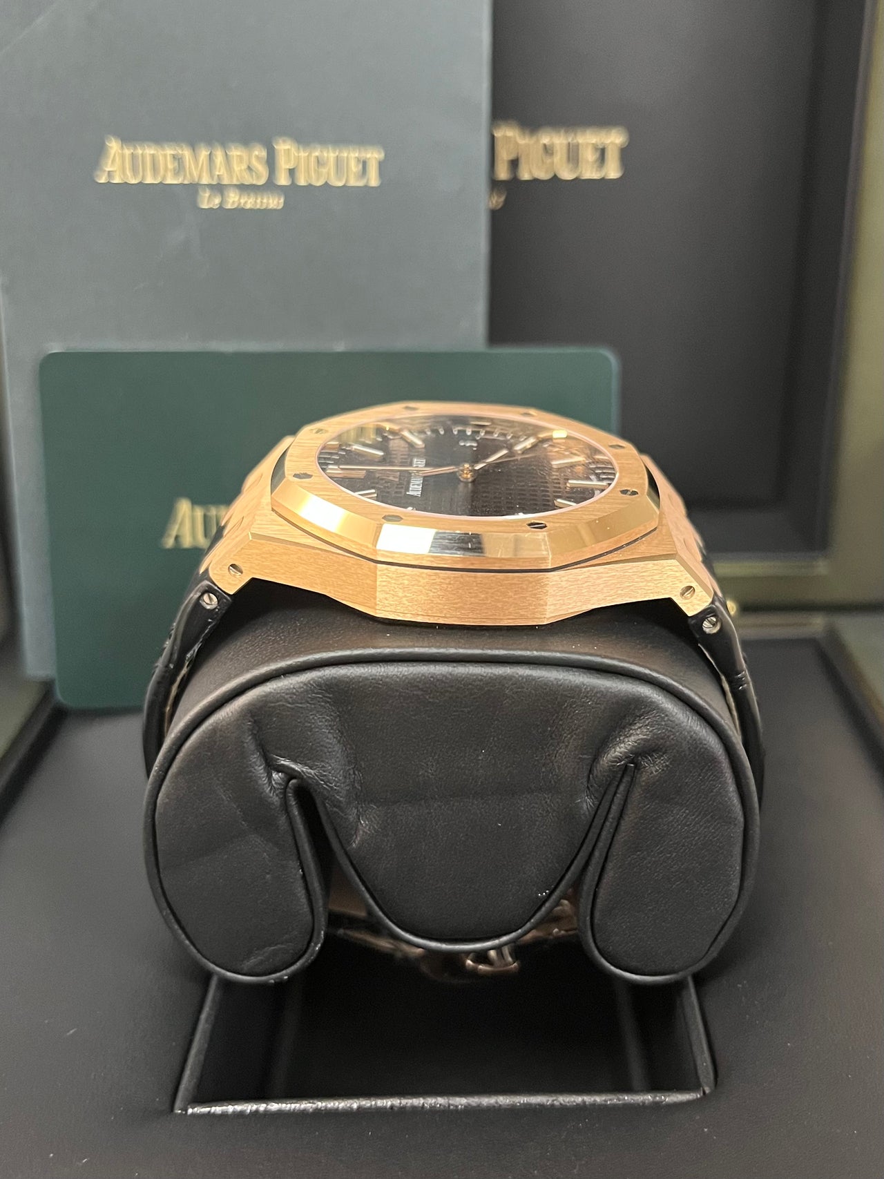 Audemars Piguet Royal Oak Selfwinding/ Rose Gold/ Black Dial/ Black Leather Strap (Ref#15500OR.OO.D002CR.01)