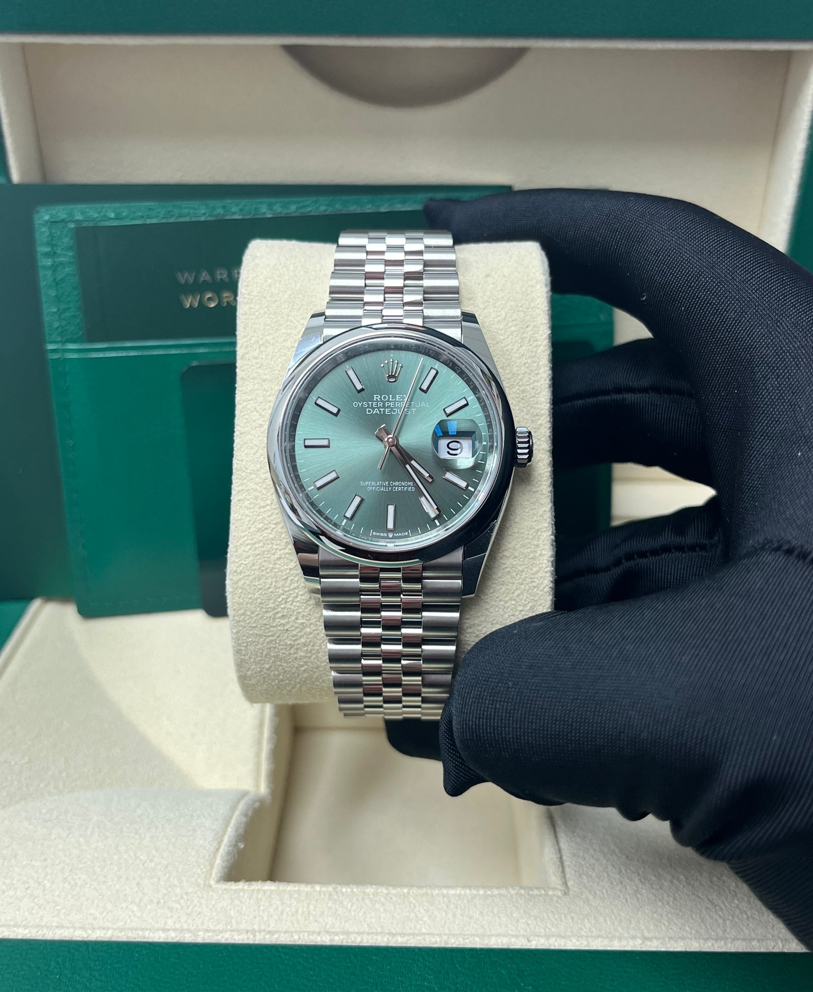 Rolex Datejust 36 Domed Bezel Mint Green Index Dial Jubilee 