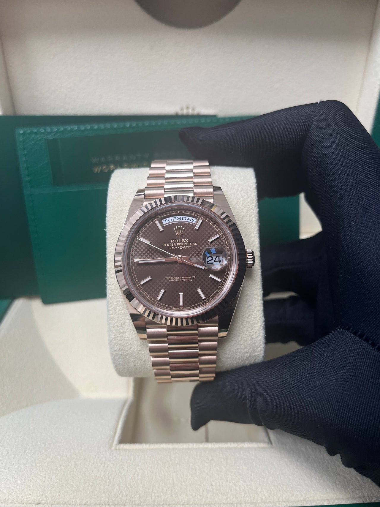 Rolex Day-date 40  Fluted Bezel Chocolate Diagonal Motif Index Dial President Bracelet (Ref # 228235)