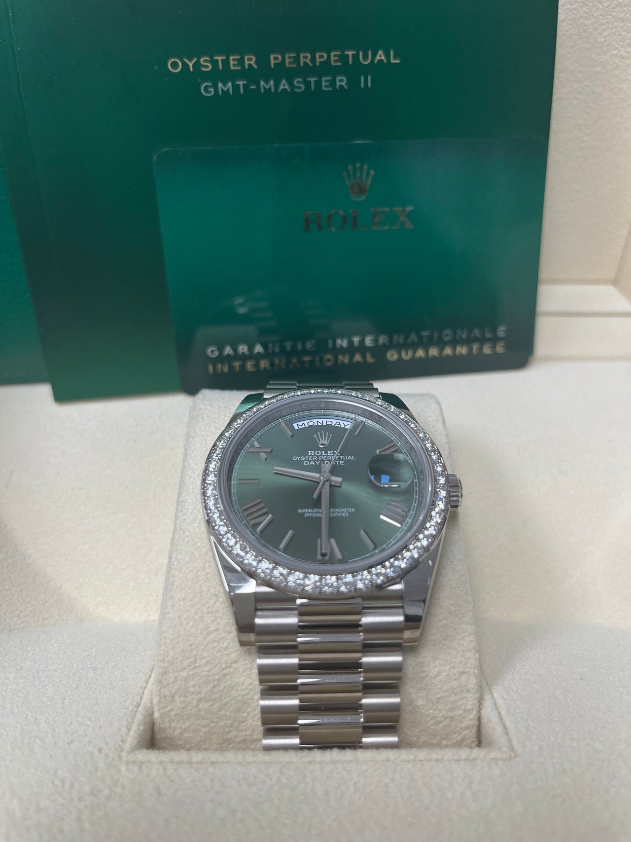 Rolex White Gold Day-Date 40 Watch - Bezel - Olive Green Bevelled Roman Dial - President Bracelet (Ref# 228349RBR)