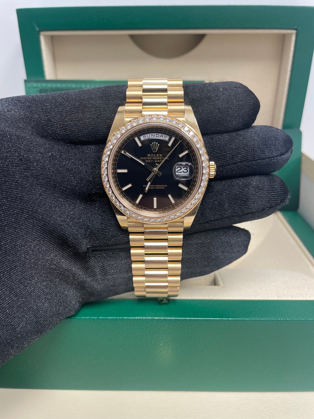 Rolex Day Date 40 Yellow Gold Black Diamond Dial Diamond Bezel P WatchesOff5th