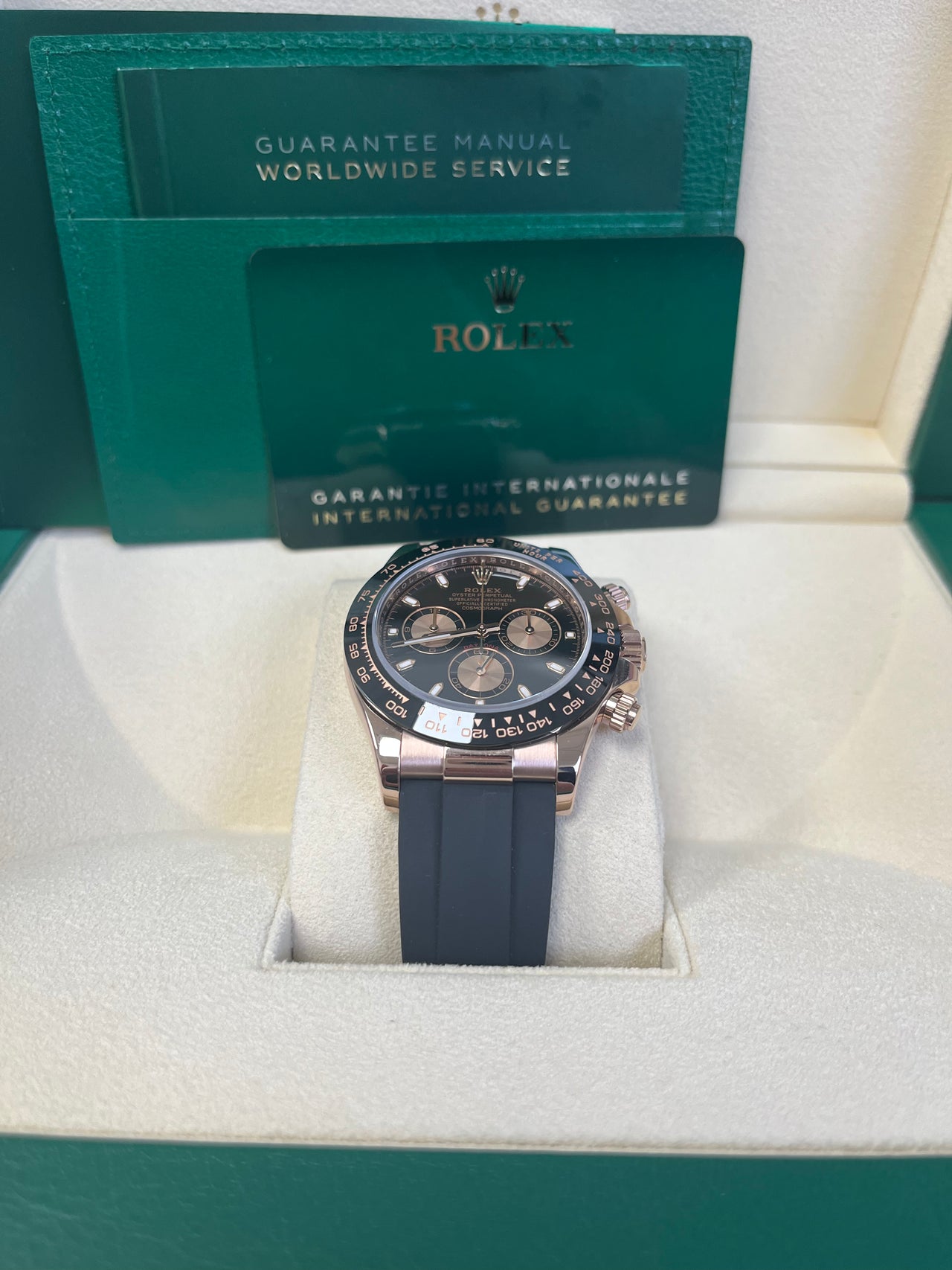 Rolex Rose Gold Daytona 40 Watch - Black Index Dial - Black Oysterflex Strap Reference Reference #116515ln