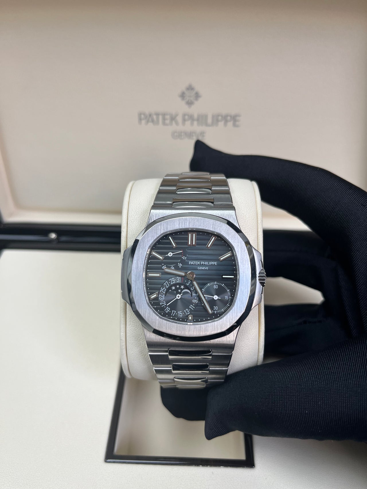 Patek Philippe Nautilus Moon Phase Stainless Steel Blue Date Dial Re WatchesOff5th