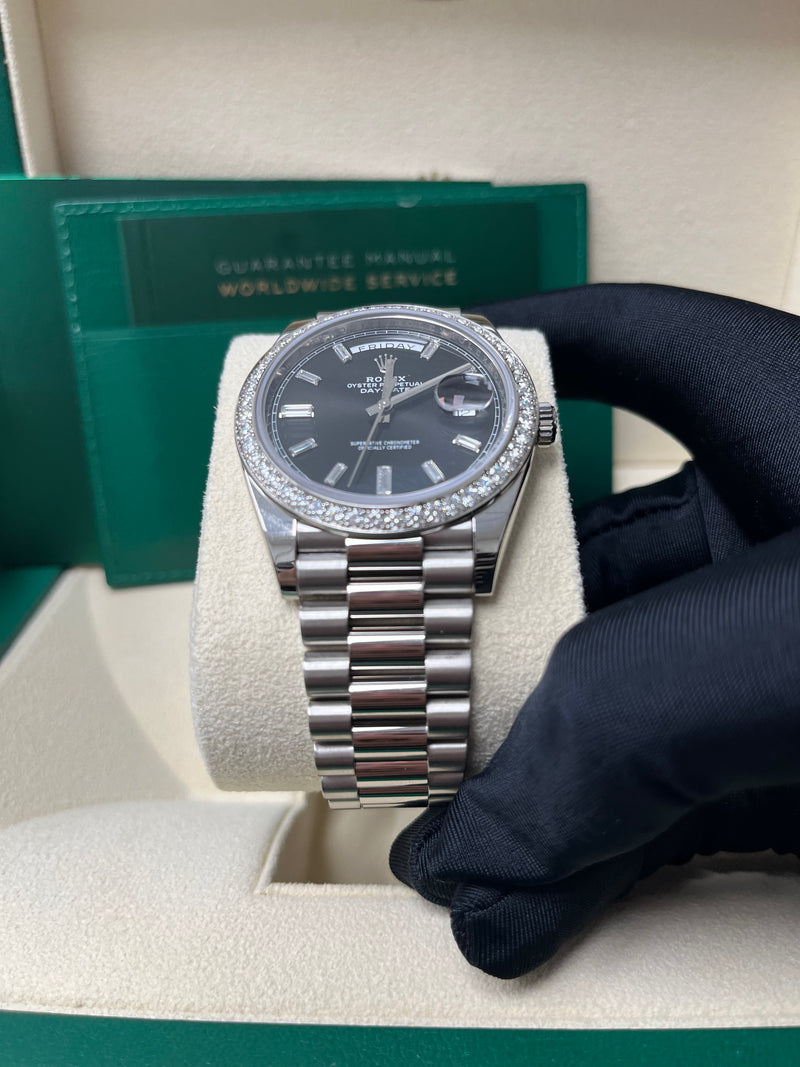 Rolex Day-Date 40 White Gold Day-Date 40 Watch - White Gold Bezel - Black Baguette Diamond Dial 228349RBR