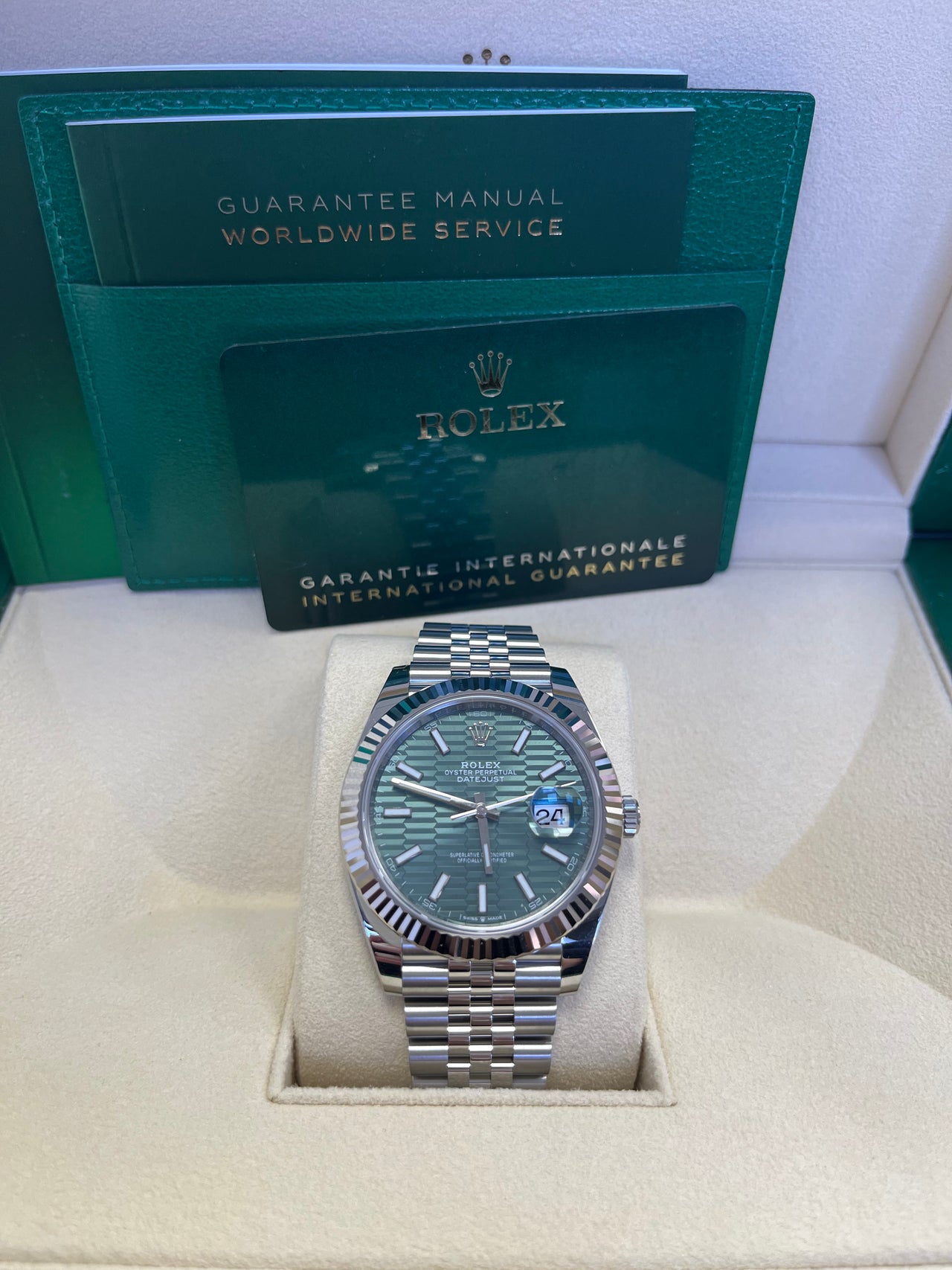 Rolex Datejust 41mm White Gold/Steel Mint Green Fluted Motif Index Fluted Bezel Jubilee Reference #126334