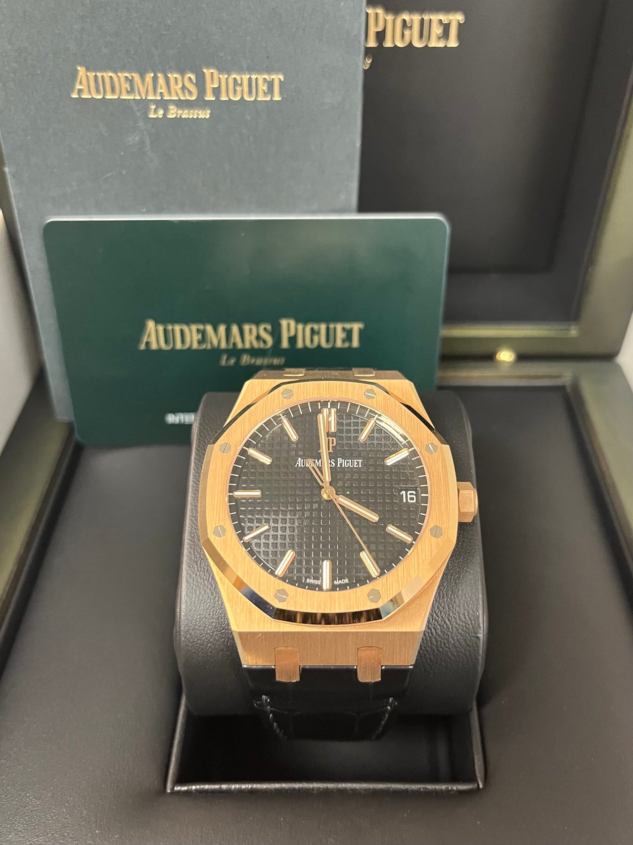 Audemars Piguet Royal Oak Selfwinding/ Rose Gold/ Black Dial/ Black Leather Strap (Ref#15500OR.OO.D002CR.01)