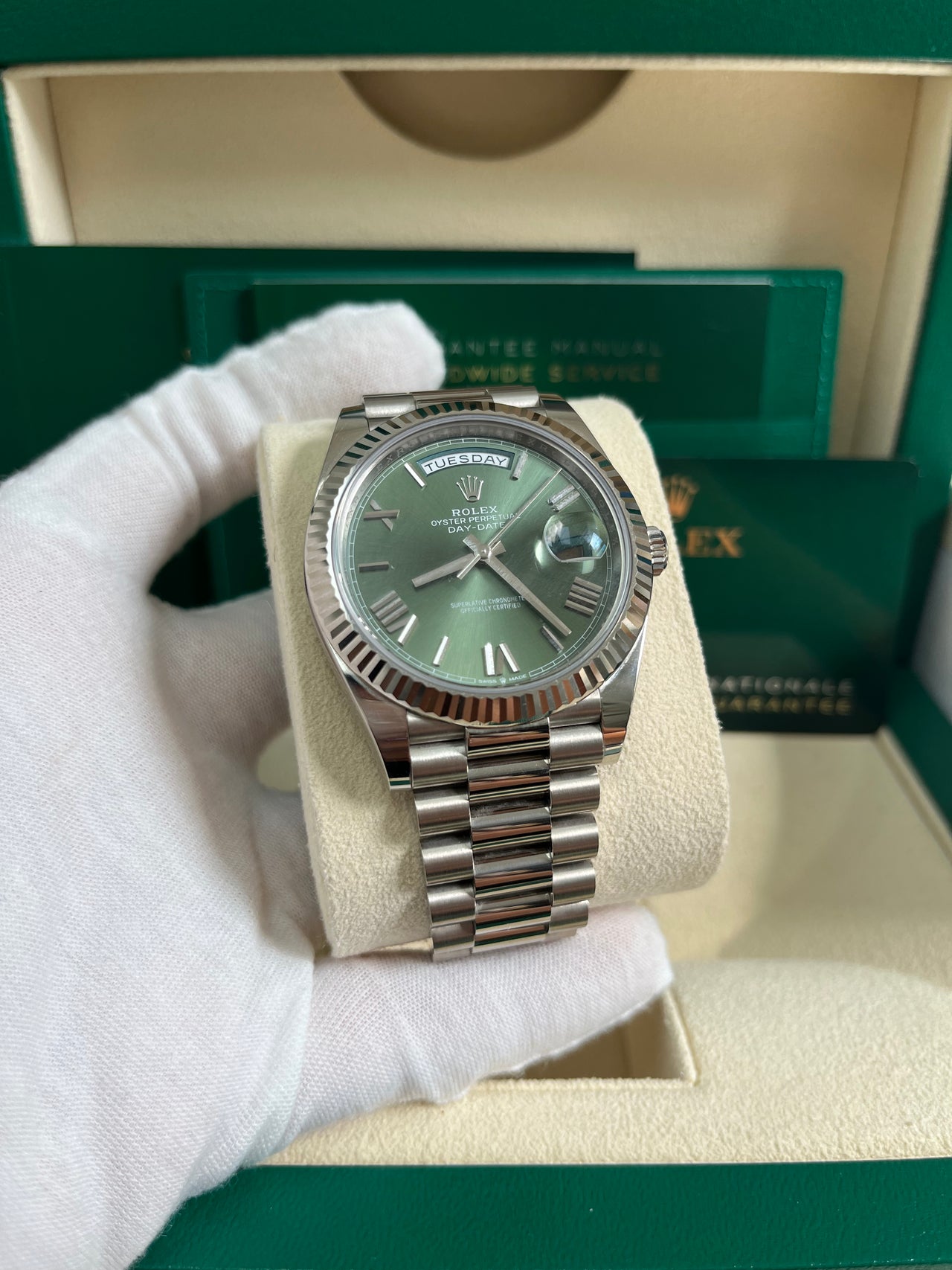 Rolex White Gold Day-Date 40 Watch - Fluted Bezel - Olive Green Bevelled Roman Dial - President Bracelet (Ref# 228239)