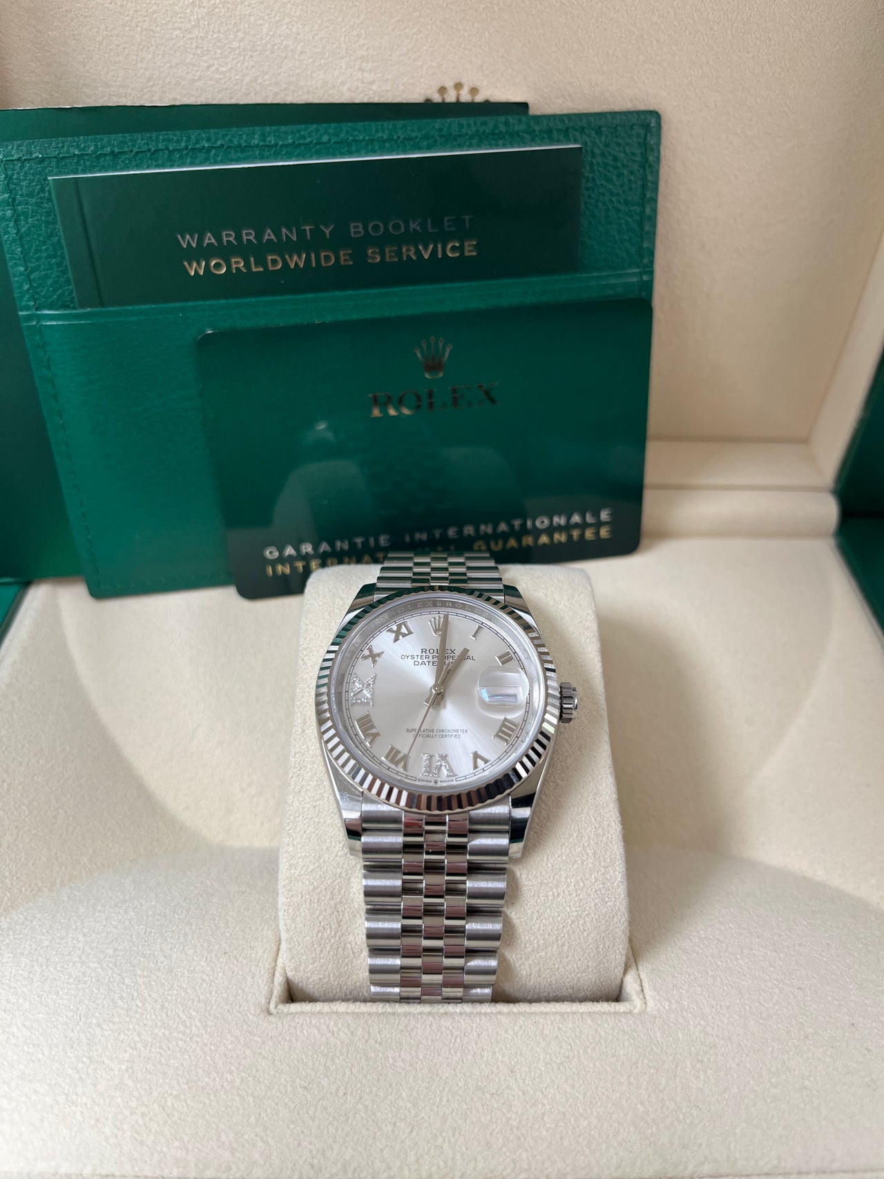 Rolex Datejust 36 Steel Datejust 36mm Fluted Bezel Silver Diamond Roman VI and IX Dial Jubilee 126234