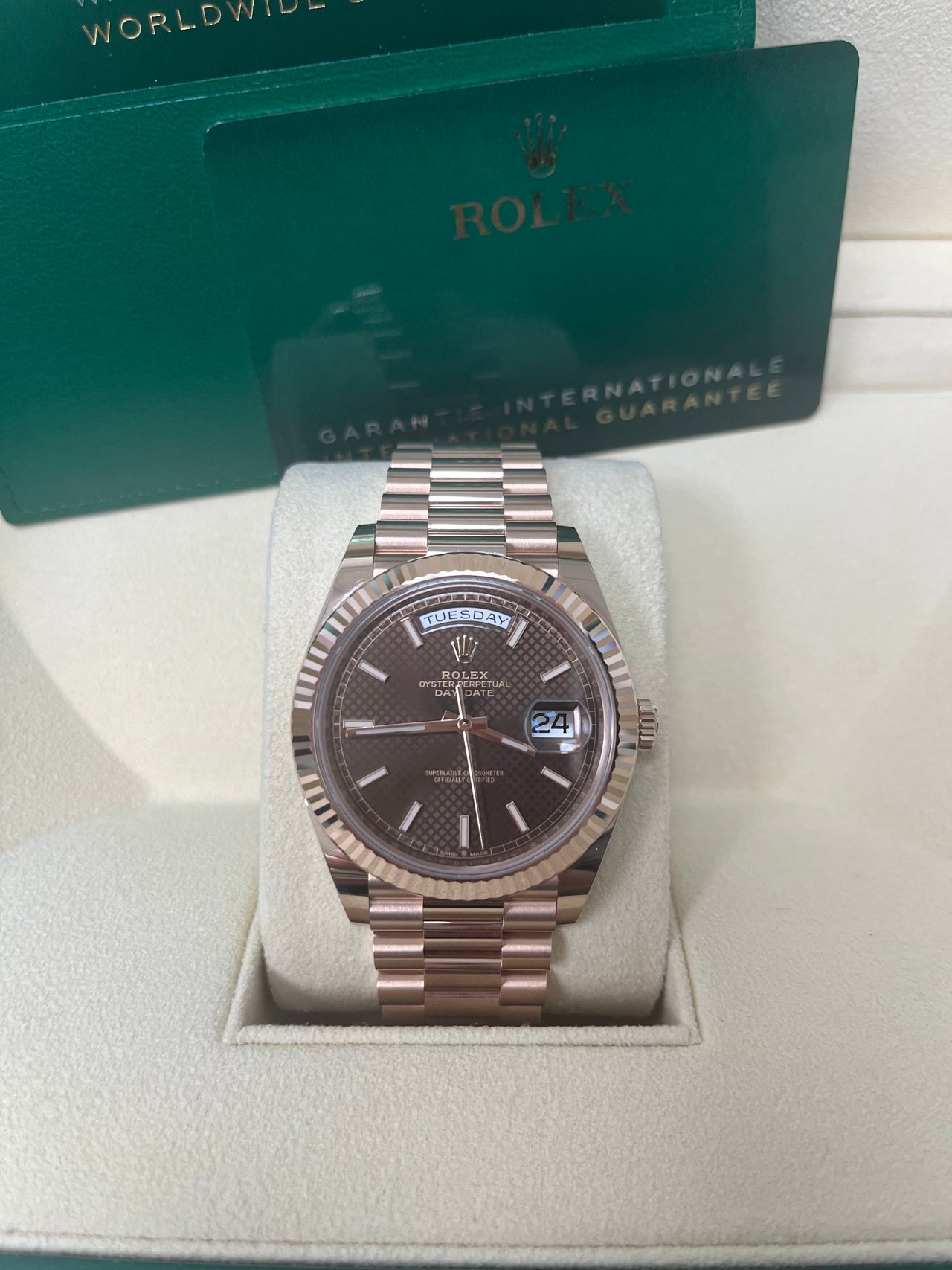 Rolex Day-date 40  Fluted Bezel Chocolate Diagonal Motif Index Dial President Bracelet (Ref # 228235)