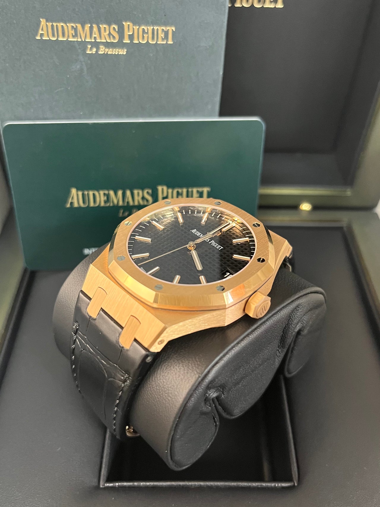 Audemars Piguet Royal Oak Selfwinding/ Rose Gold/ Black Dial/ Black Leather Strap (Ref#15500OR.OO.D002CR.01)