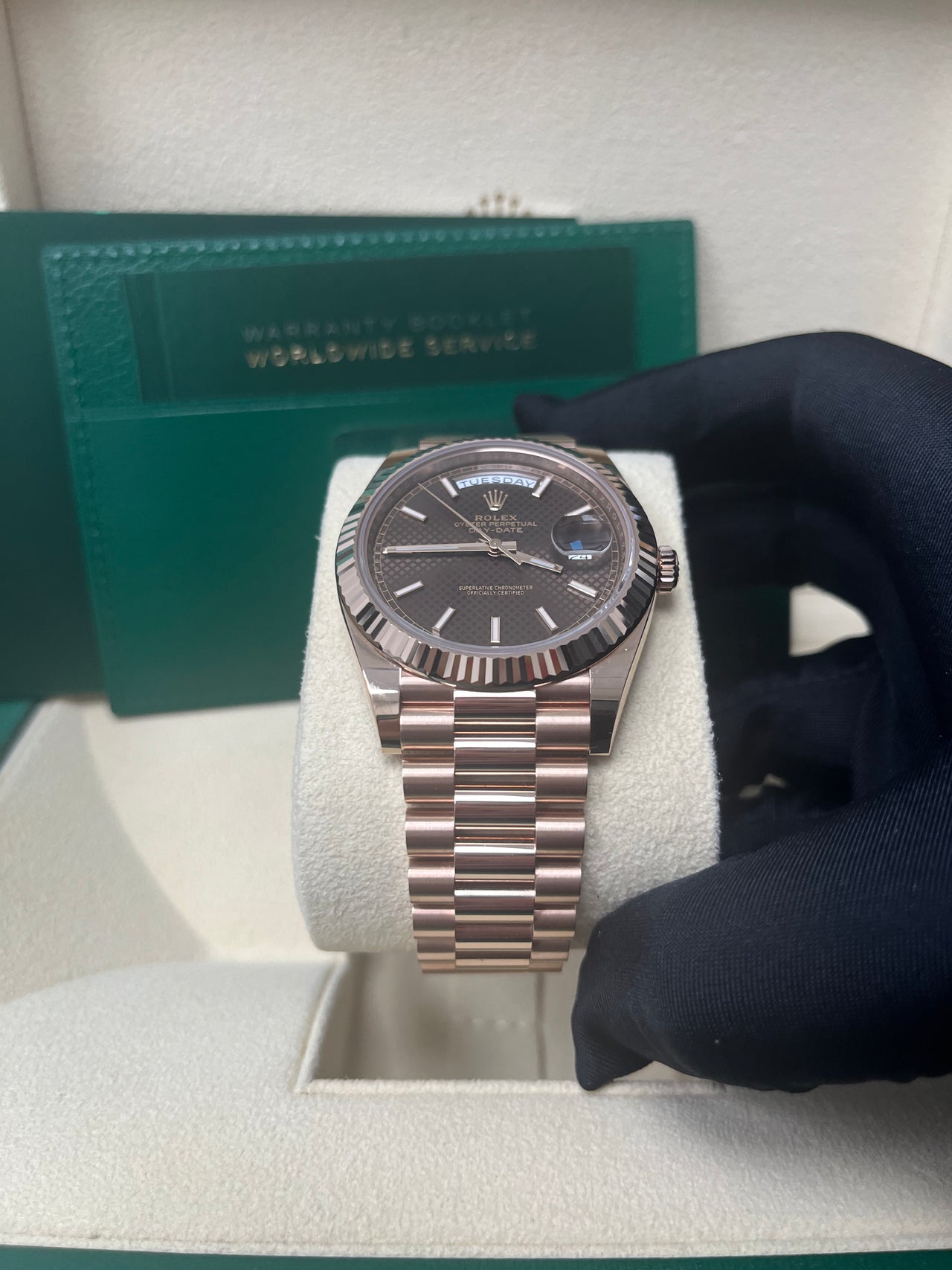 Rolex Day-date 40  Fluted Bezel Chocolate Diagonal Motif Index Dial President Bracelet (Ref # 228235)