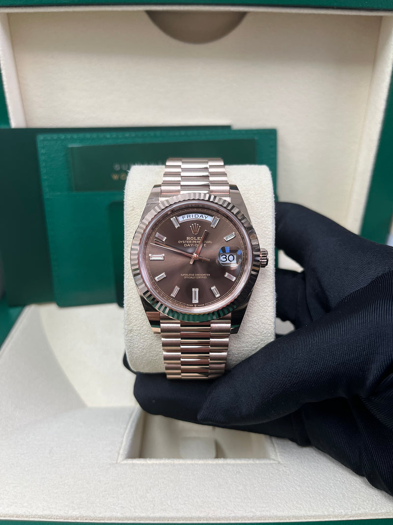 Rolex Day-Date 40 Rose Gold Day-Date 40 Watch - Fluted Bezel - Chocolate Baguette Diamond Dial - 228235