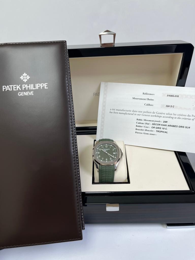 Patek Philippe Aquanaut - White Gold - Khaki Green Embossed Dial (Ref# 5168G-010) - WatchesOff5thWatch