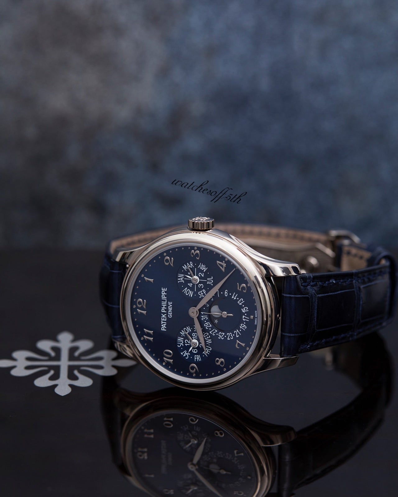 Patek Philippe Grand Complications Perpetual Calendar Moon Phase White Gold/ Royal Blue Dial & Strap (Ref#5327G-001) - WatchesOff5thWatch