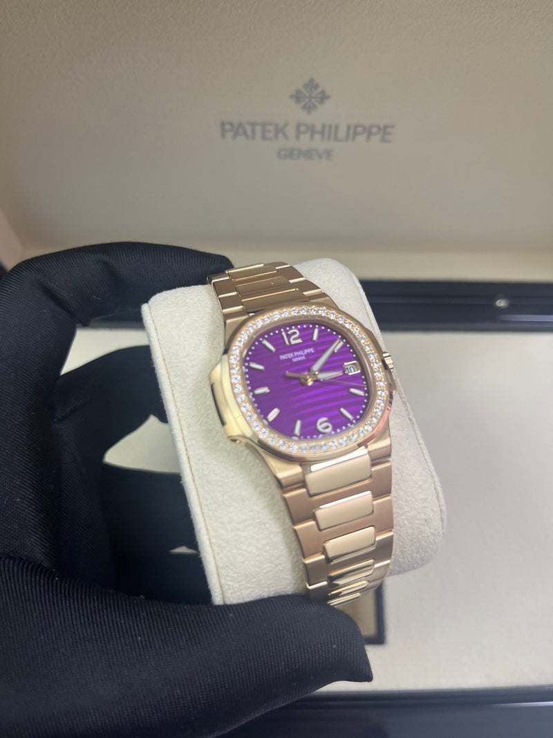 Patek Philippe Nautilus 32mm Diamond Bezel Rose Gold Purple Wave Dial 7010/1R-013 - WatchesOff5th