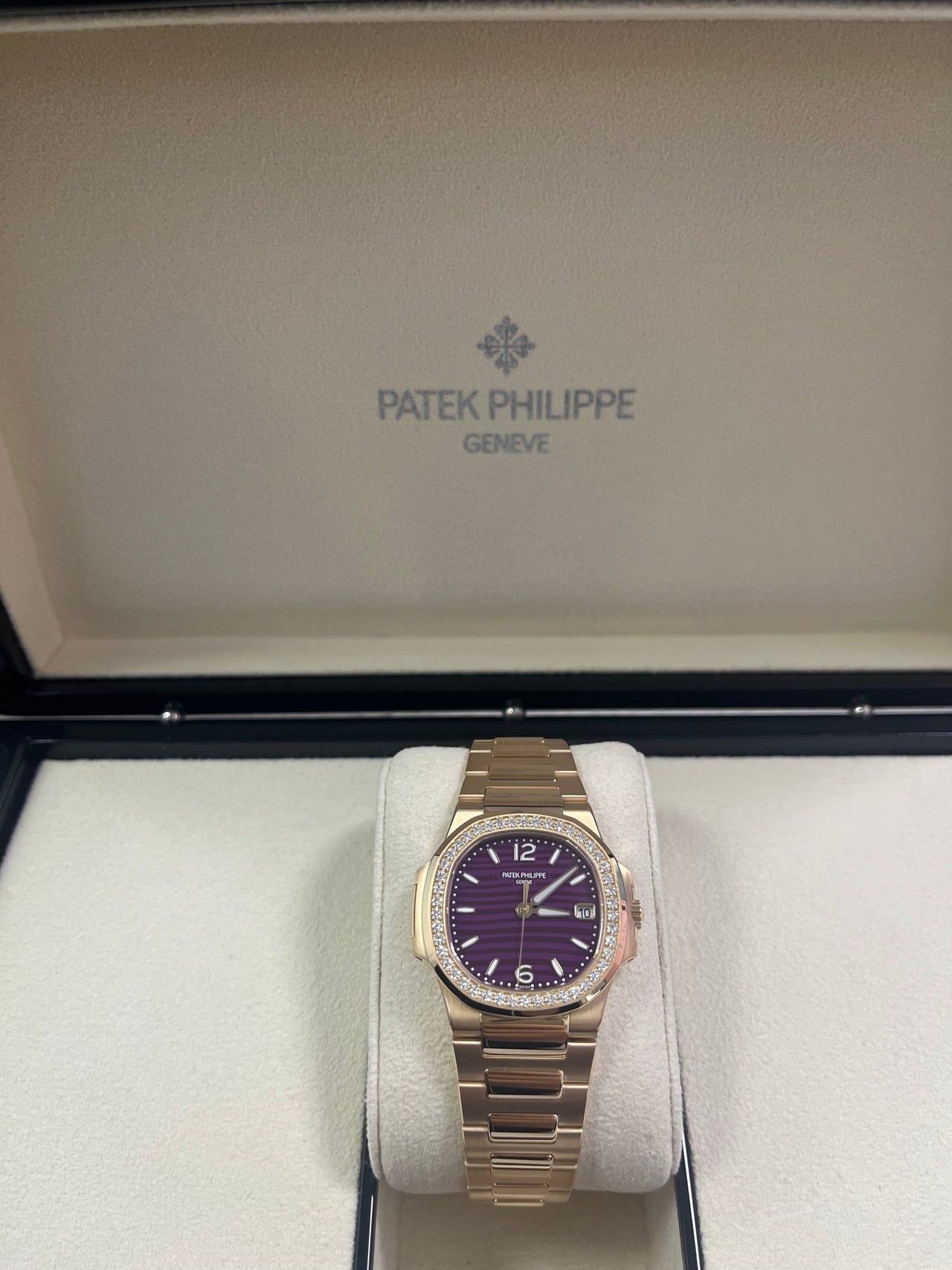 Patek Philippe Nautilus 32mm Diamond Bezel Rose Gold Purple Wave Dial 7010/1R-013 - WatchesOff5th