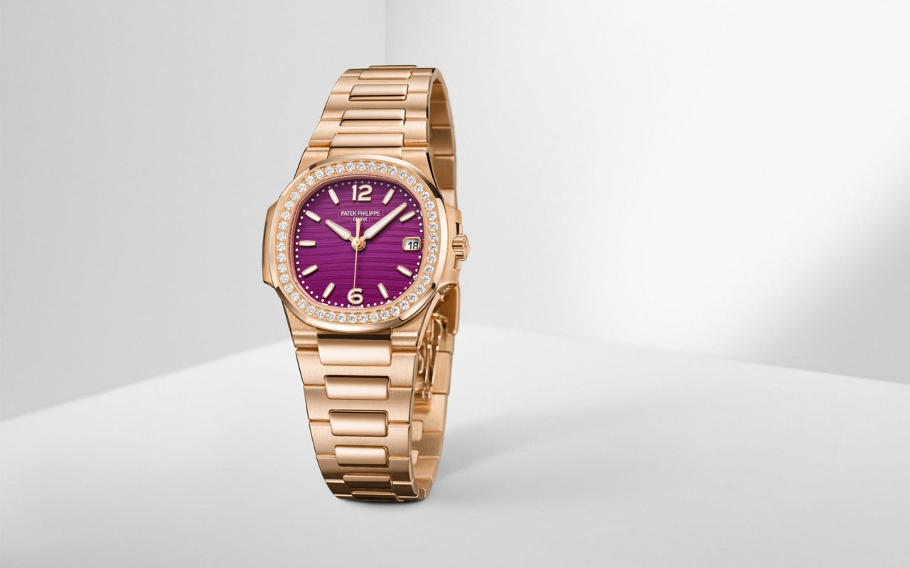 Patek Philippe Nautilus 32mm Diamond Bezel Rose Gold Purple Wave Dial 7010/1R-013 - WatchesOff5th