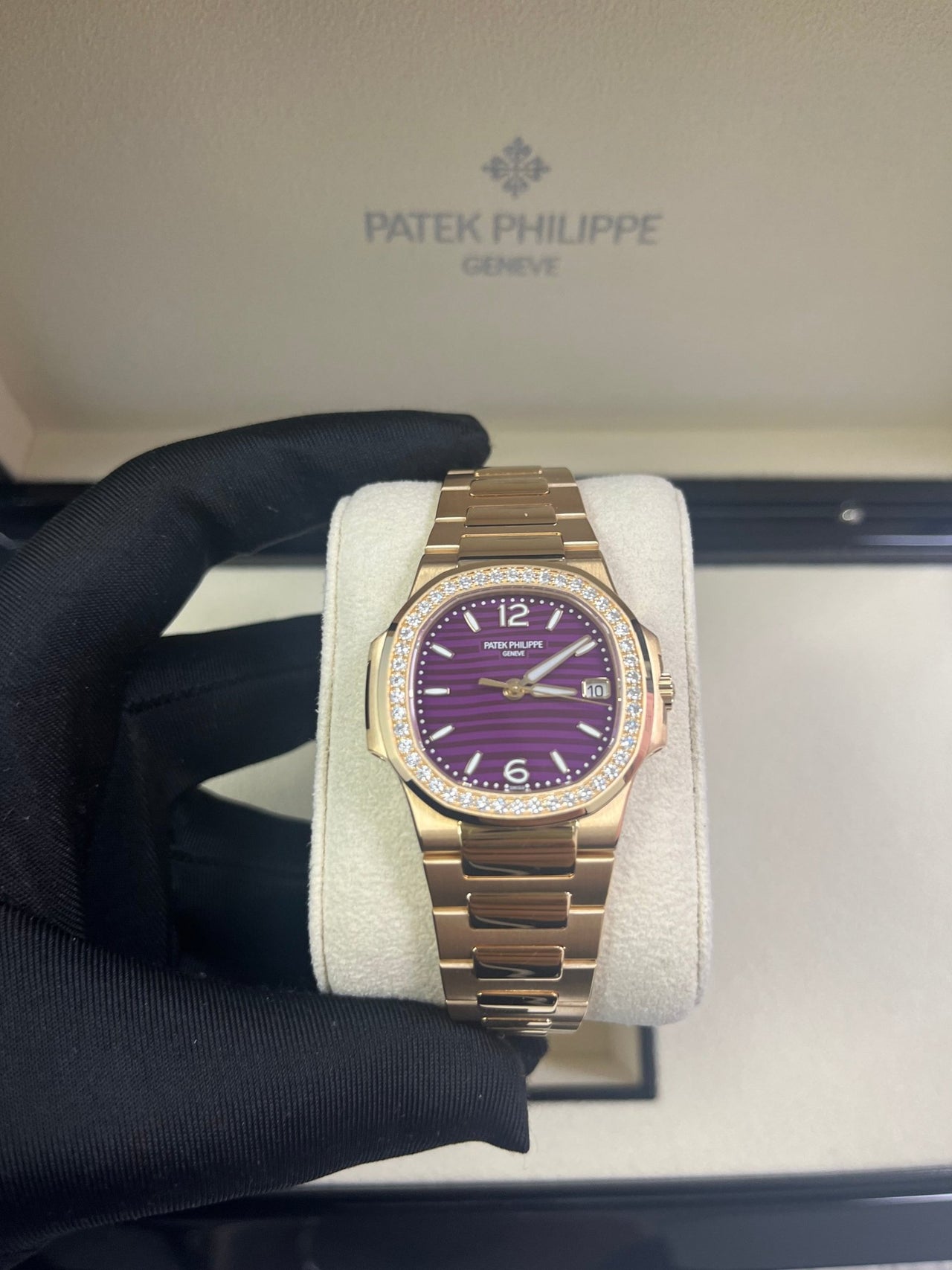 Patek Philippe Nautilus 32mm Diamond Bezel Rose Gold Purple Wave Dial 7010/1R-013 - WatchesOff5th