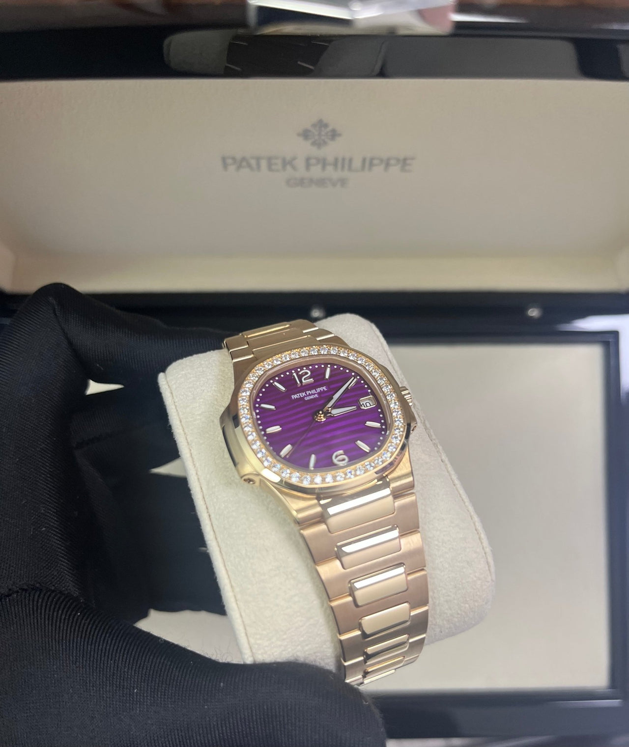 Patek Philippe Nautilus 32mm Diamond Bezel Rose Gold Purple Wave Dial 7010/1R-013 - WatchesOff5th