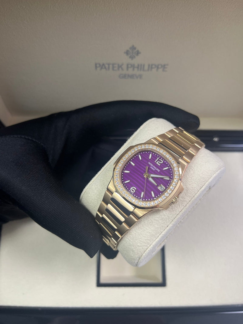 Patek Philippe Nautilus 32mm Diamond Bezel Rose Gold Purple Wave Dial 7010/1R-013 - WatchesOff5th
