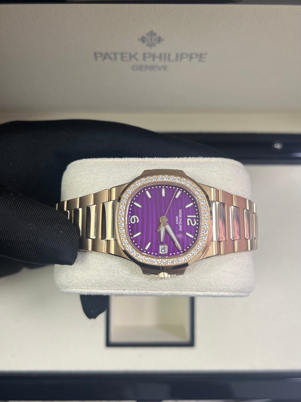 Patek Philippe Nautilus 32mm Diamond Bezel Rose Gold Purple Wave Dial 7010/1R-013 - WatchesOff5th