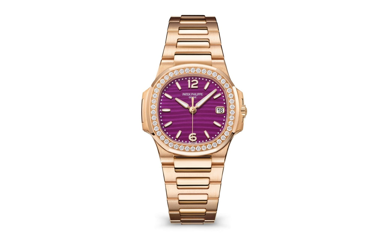 Patek Philippe Nautilus 32mm Diamond Bezel Rose Gold Purple Wave Dial 7010/1R-013 - WatchesOff5th