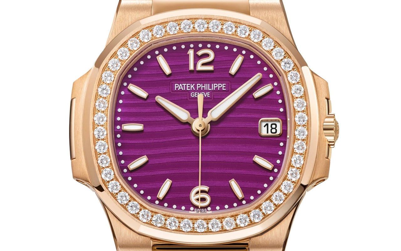 Patek Philippe Nautilus 32mm Diamond Bezel Rose Gold Purple Wave Dial 7010/1R-013 - WatchesOff5th