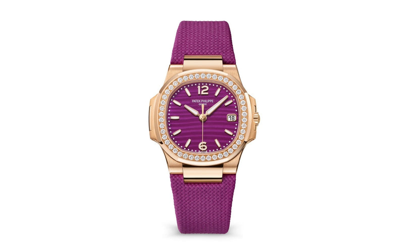Patek Philippe Nautilus 32mm Diamond Bezel Rose Gold Purple Wave Dial 7010/1R - WatchesOff5th