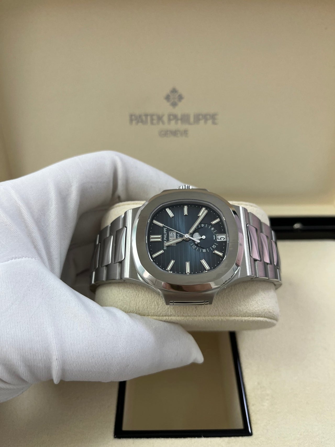 Patek Philippe Nautilus Annual Calendar Stainless Steel with Blue Dial/ Moon Phase (Ref#5726/1A-014) - WatchesOff5thWatch