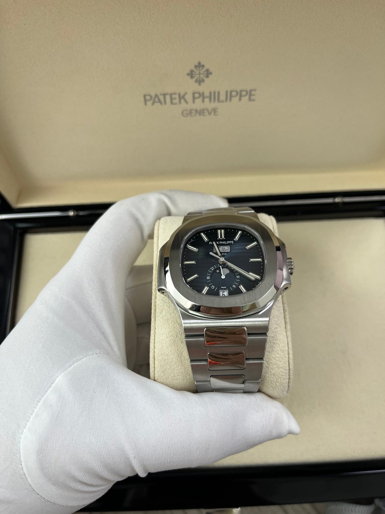 Patek Philippe Nautilus Annual Calendar Stainless Steel with Blue Dial/ Moon Phase (Ref#5726/1A-014) - WatchesOff5thWatch