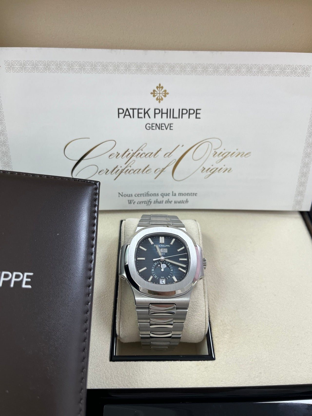 Patek Philippe Nautilus Annual Calendar Stainless Steel with Blue Dial Moon Phase Ref 5726 1A 014