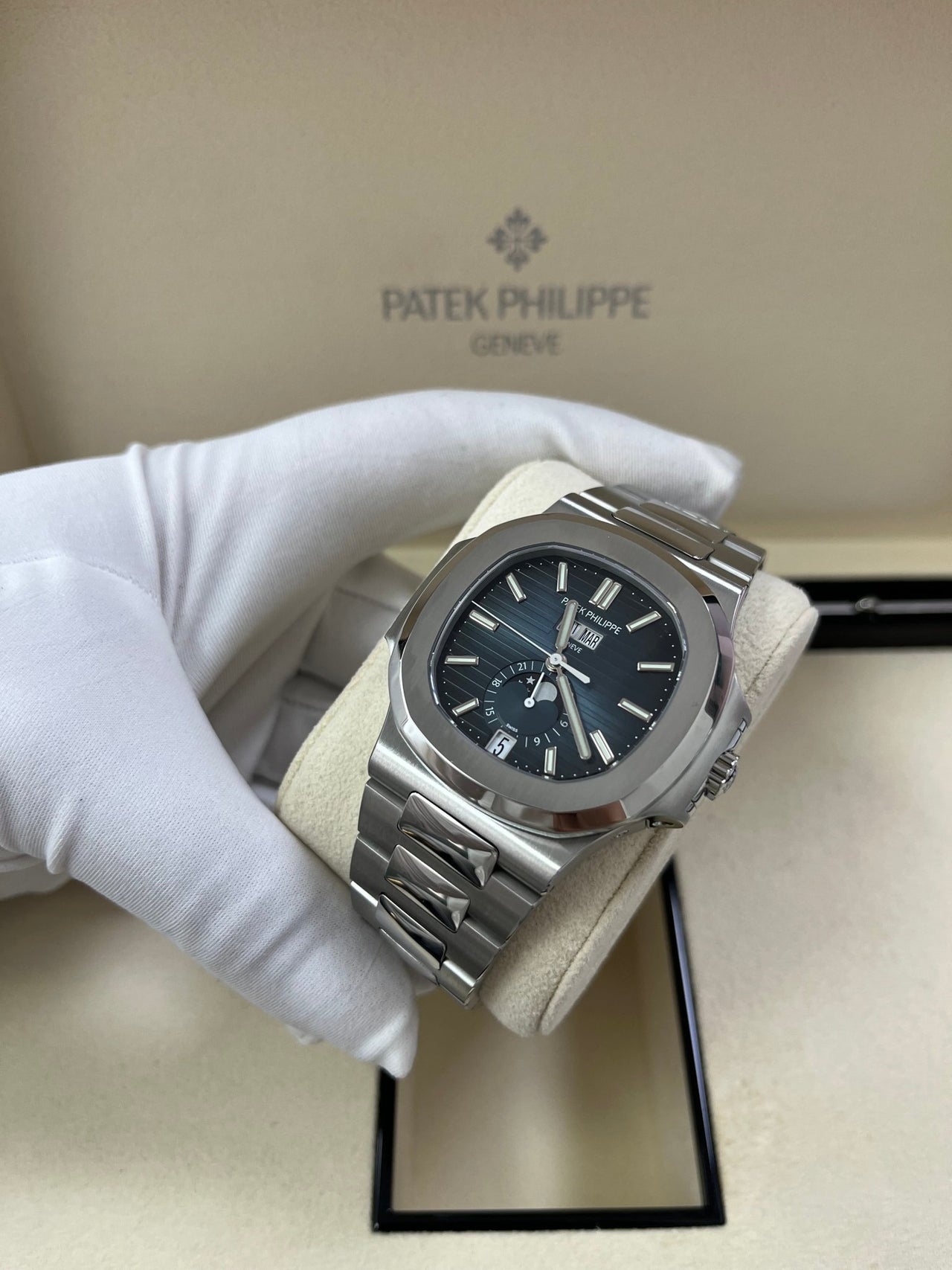 Patek Philippe Nautilus Annual Calendar Stainless Steel with Blue Dial/ Moon Phase (Ref#5726/1A-014) - WatchesOff5thWatch