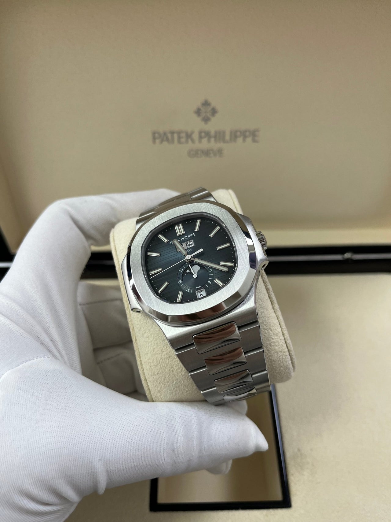 Patek Philippe Nautilus Annual Calendar Stainless Steel with Blue Dial/ Moon Phase (Ref#5726/1A-014) - WatchesOff5thWatch