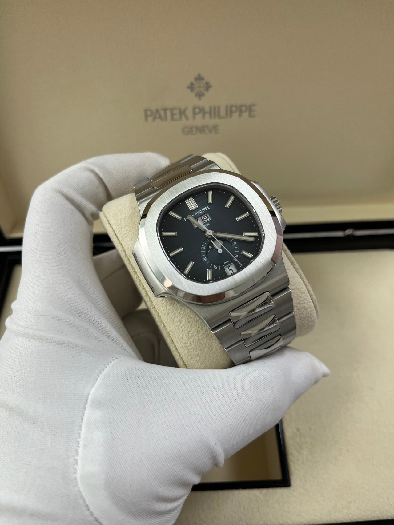 Patek Philippe Nautilus Annual Calendar Stainless Steel with Blue Dial/ Moon Phase (Ref#5726/1A-014) - WatchesOff5thWatch