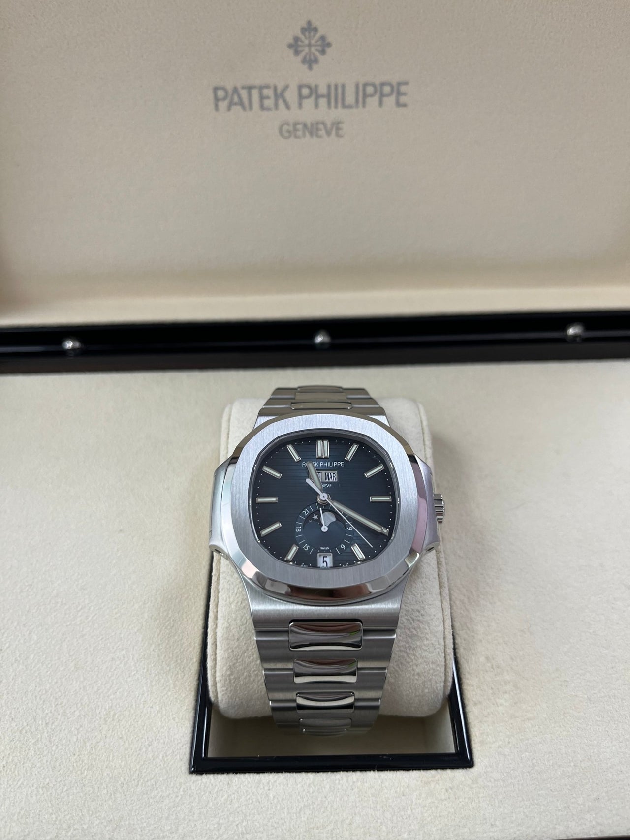 Patek Philippe Nautilus Annual Calendar Stainless Steel with Blue Dial/ Moon Phase (Ref#5726/1A-014) - WatchesOff5thWatch